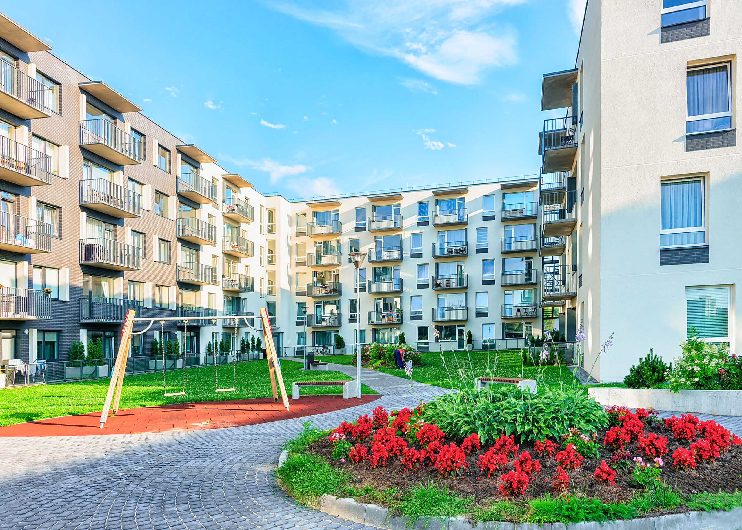 New apartment buildings with flowerpot